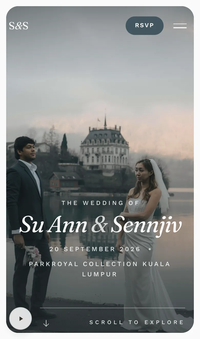 The sample invitation in the Keepsake design, as it appears on a phone: the couple's names over their photograph.