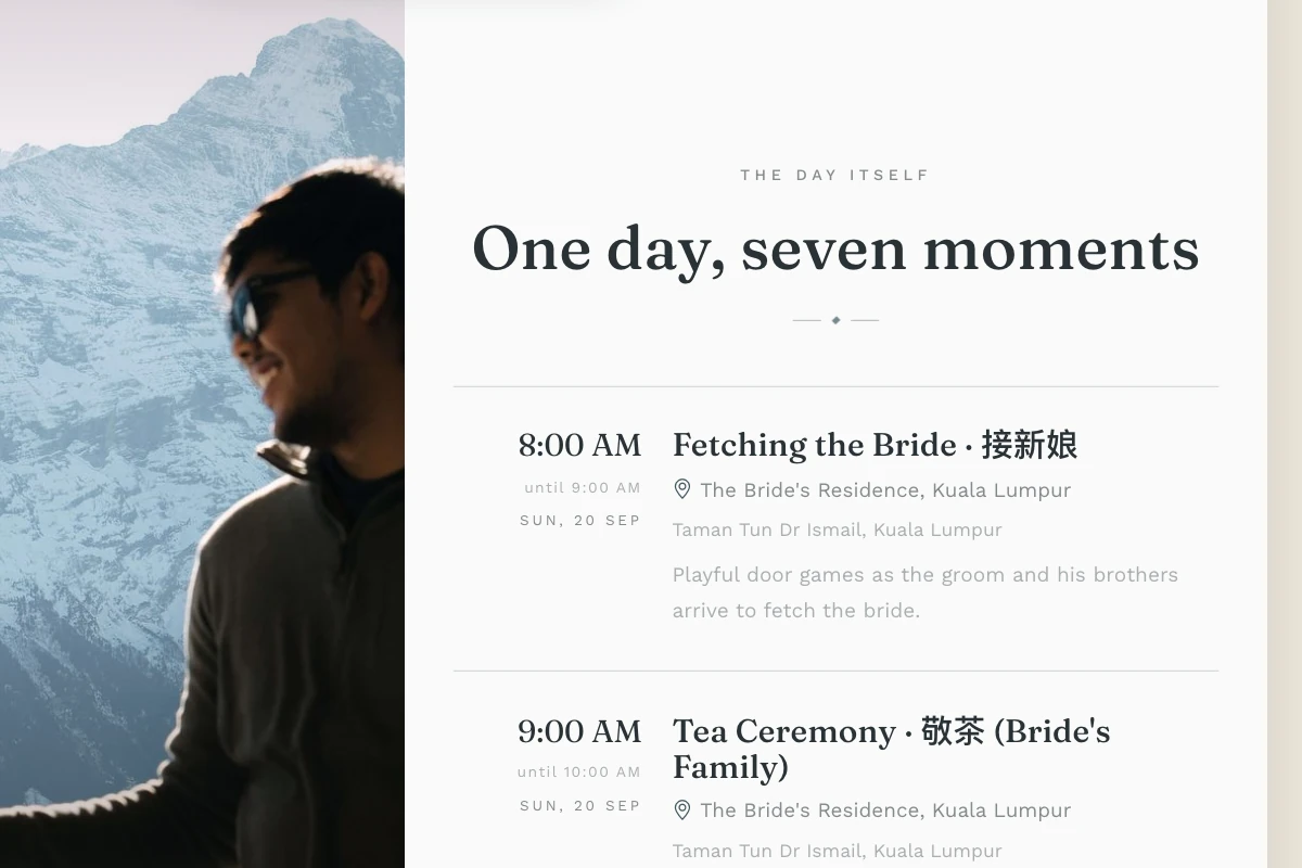 The Studio’s schedule chapter: each ceremony listed with its own time and place, and the finished timeline previewed beside it.